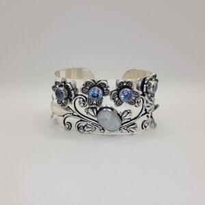 Artisan Made 925 Sterling Silver Floral & Butterfly Cuff Bracelet